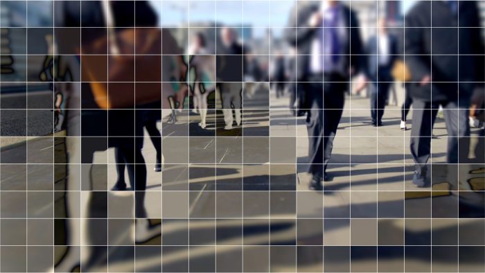 Digitized commuters on London Bridge.